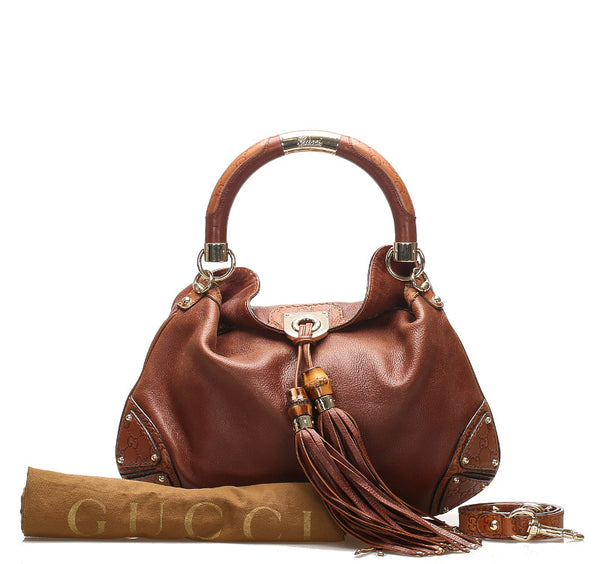 グッチ バンブー グッチシマ 185566 ブラウン レザー ショルダーバッグ レディース GUCCI 中古