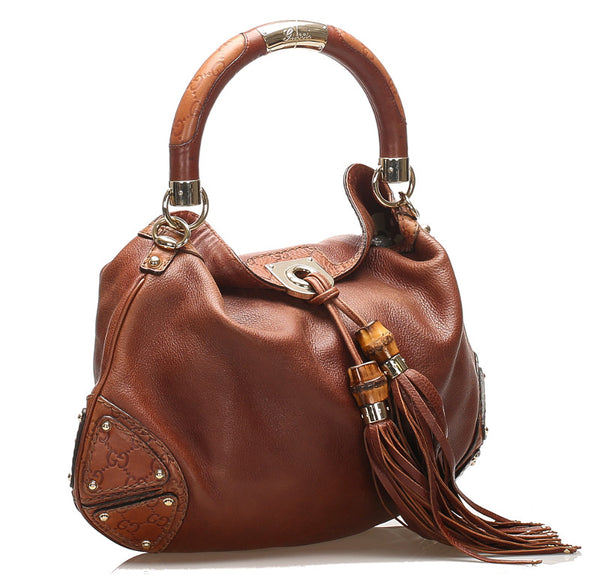 グッチ バンブー グッチシマ 185566 ブラウン レザー ショルダーバッグ レディース GUCCI 中古