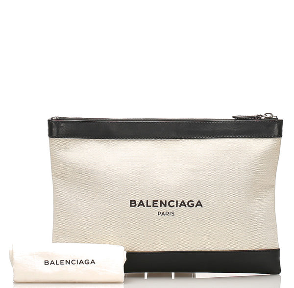 バレンシアガ 373834 ベージュ ブラック キャンバス レザー クラッチバッグ ユニセックス BALENCIAGA 中古