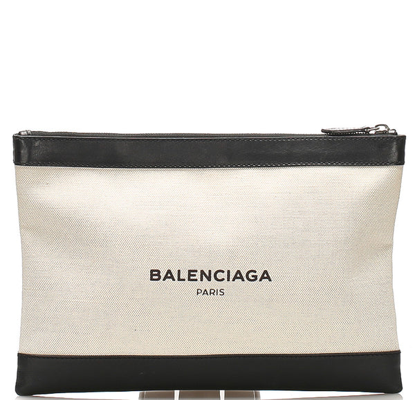 バレンシアガ 373834 ベージュ ブラック キャンバス レザー クラッチバッグ ユニセックス BALENCIAGA 中古