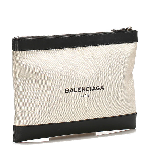 バレンシアガ 373834 ベージュ ブラック キャンバス レザー クラッチバッグ ユニセックス BALENCIAGA 中古