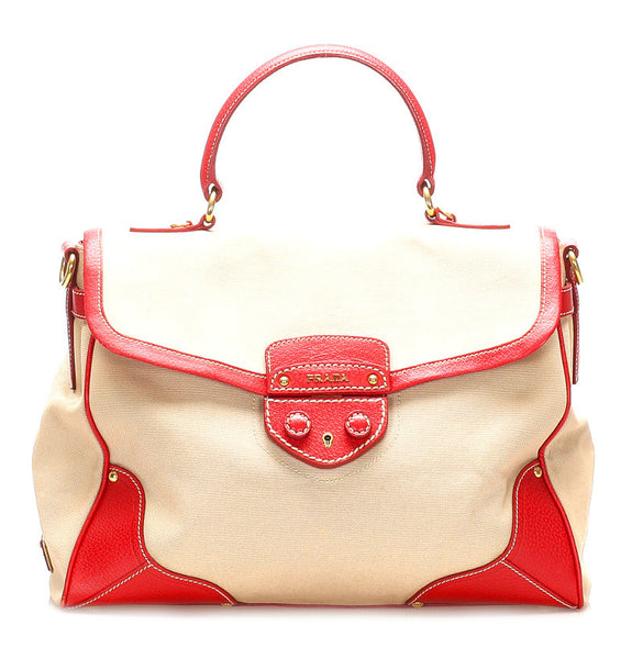 プラダ ベージュ レッド キャンバス レザー ハンドバッグ レディース PRADA 中古