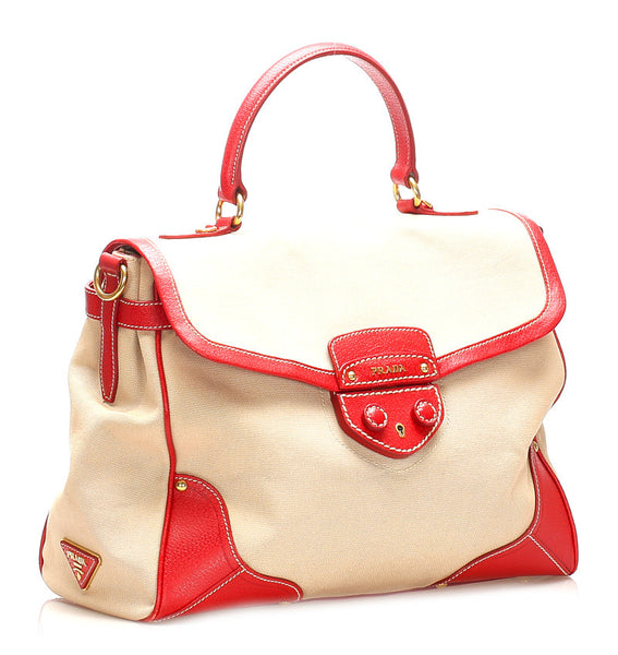 プラダ ベージュ レッド キャンバス レザー ハンドバッグ レディース PRADA 中古