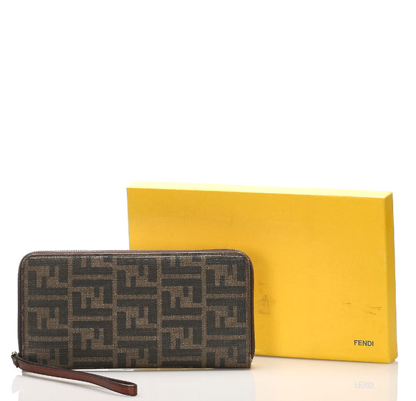 フェンディ ブラウン PVC レザー ラウンドファスナー 長財布 レディース FENDI 【中古】