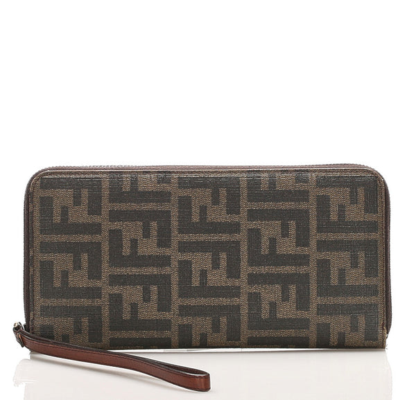 フェンディ ブラウン PVC レザー ラウンドファスナー 長財布 レディース FENDI 【中古】