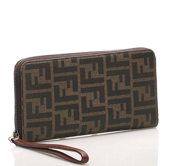 フェンディ ブラウン PVC レザー ラウンドファスナー 長財布 レディース FENDI 【中古】