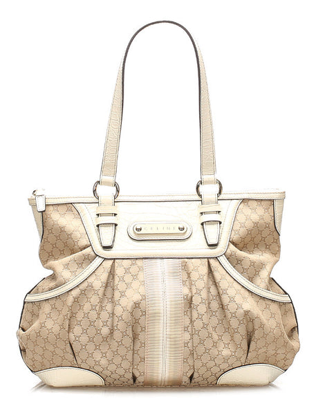 セリーヌ ベージュ ホワイト キャンバス レザー ショルダーバッグ レディース CELINE 中古