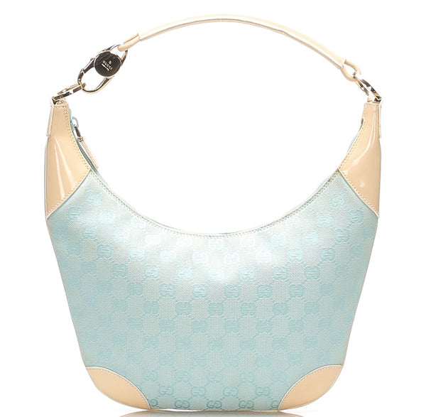 グッチ GGキャンバス 001・4158 ベージュ 水色 キャンバス レザー ショルダーバッグ レディース GUCCI 中古