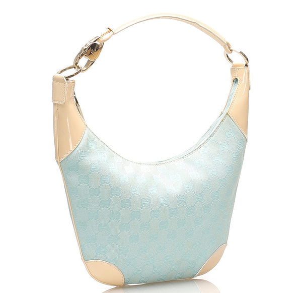 グッチ GGキャンバス 001・4158 ベージュ 水色 キャンバス レザー ショルダーバッグ レディース GUCCI 中古