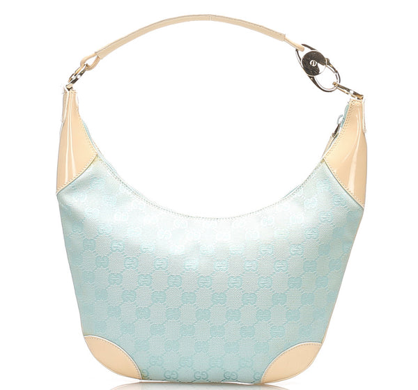 グッチ GGキャンバス 001・4158 ベージュ 水色 キャンバス レザー ショルダーバッグ レディース GUCCI 中古