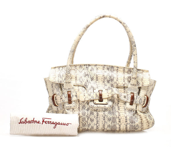 サルヴァトーレフェラガモ DY-21 A135 アイボリー ブラウン 型押しパイソン ショルダーバッグ レディース Salvatore Ferragamo 中古