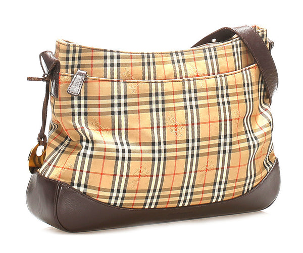 バーバリー ノバチェック ベージュ ブラウン キャンバス レザー 肩掛け ショルダーバッグ レディース BURBERRY 中古