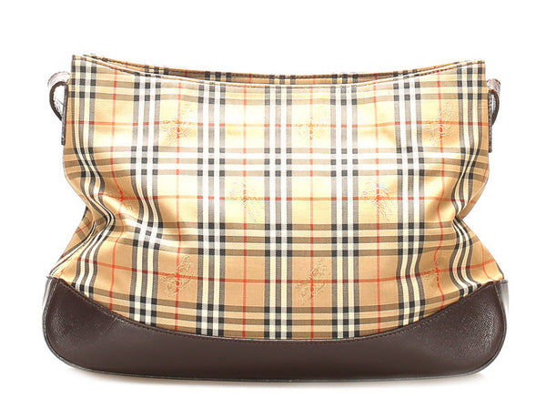 バーバリー ノバチェック ベージュ ブラウン キャンバス レザー 肩掛け ショルダーバッグ レディース BURBERRY 中古