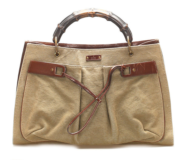 グッチ バンブー 109138 カーキ ブラウン キャンバス レザー ハンドバッグ レディース GUCCI 中古