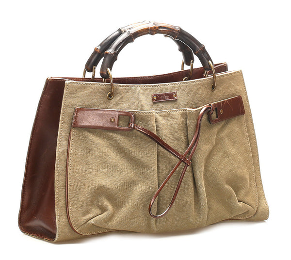 グッチ バンブー 109138 カーキ ブラウン キャンバス レザー ハンドバッグ レディース GUCCI 中古