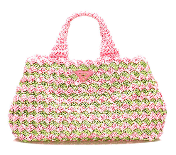 プラダ カナパ ピンク グリーン ストロー ハンドバッグ レディース PRADA 中古