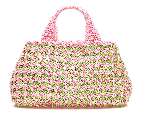 プラダ カナパ ピンク グリーン ストロー ハンドバッグ レディース PRADA 中古