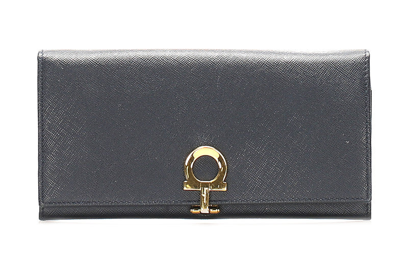 サルヴァトーレフェラガモ ガンチーニ ネイビー レザー 長財布 ユニセックス Salvatore Ferragamo 中古