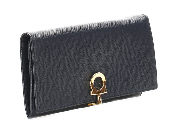 サルヴァトーレフェラガモ ガンチーニ ネイビー レザー 長財布 ユニセックス Salvatore Ferragamo 中古