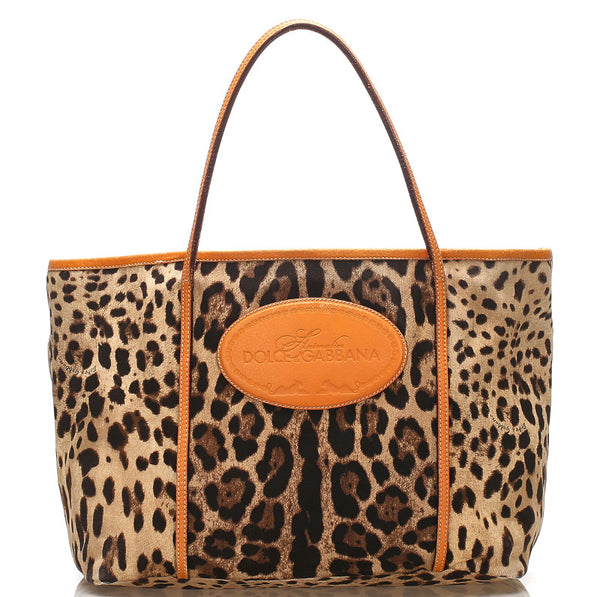 ドルチェアンドガッバーナ レオパード ベージュ オレンジ キャンバス レザー トートバッグ ユニセックス DOLCE&GABBANA 【中古】