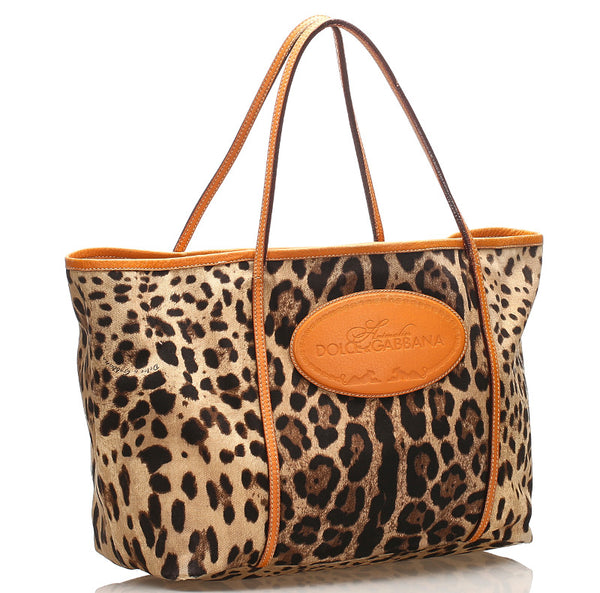ドルチェアンドガッバーナ レオパード ベージュ オレンジ キャンバス レザー トートバッグ ユニセックス DOLCE&GABBANA 【中古】