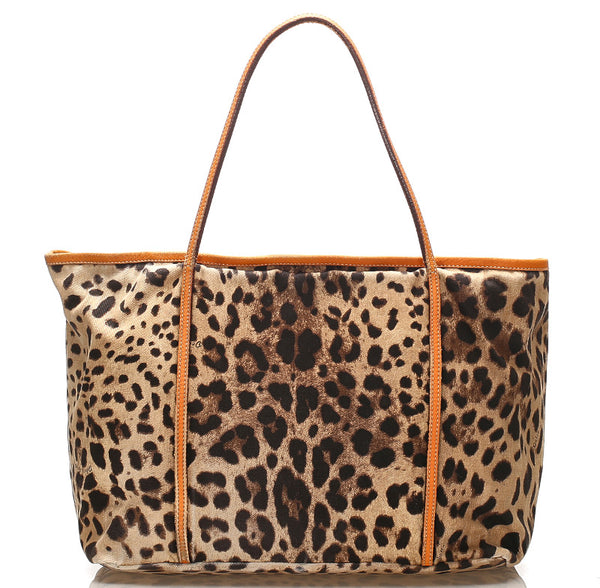 ドルチェアンドガッバーナ レオパード ベージュ オレンジ キャンバス レザー トートバッグ ユニセックス DOLCE&GABBANA 【中古】