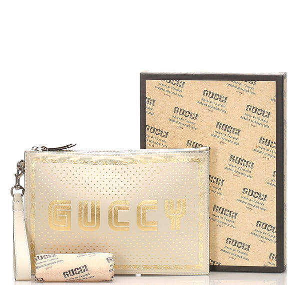 グッチ 510 489 2184 ホワイト ゴールド レザー クラッチバッグ ユニセックス GUCCI 中古