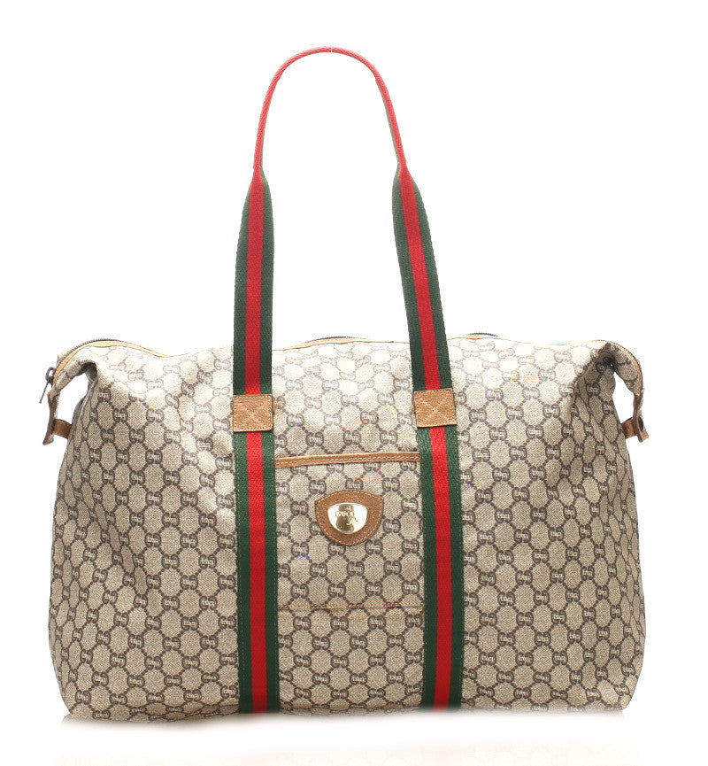 グッチ GGプラス シェリーライン ベージュ ブラウン PVC レザー ボストンバッグ ユニセックス GUCCI 中古