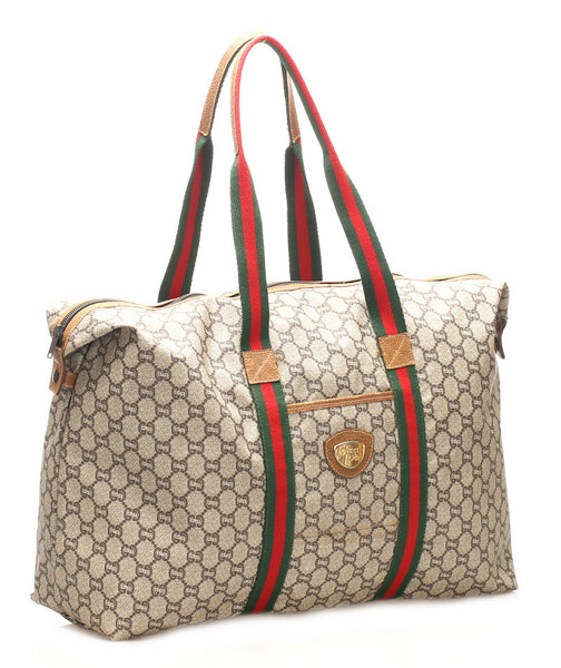 グッチ GGプラス シェリーライン ベージュ ブラウン PVC レザー ボストンバッグ ユニセックス GUCCI 中古