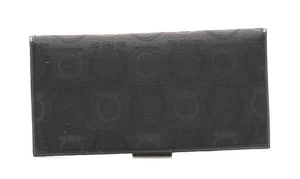 サルヴァトーレフェラガモ ガンチーニ ブラック キャンバス レザー 長財布 ユニセックス Salvatore Ferragamo 中古