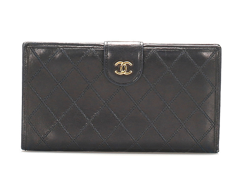 シャネル ココマーク ブラック レザー 長財布 レディース CHANEL 中古