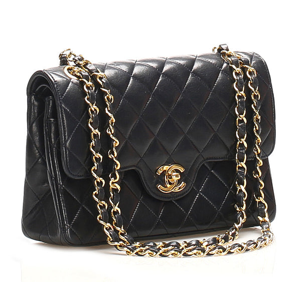 シャネル マトラッセ ダブルフラップ ブラック ラムスキン チェーン ショルダーバッグ レディース CHANEL 中古