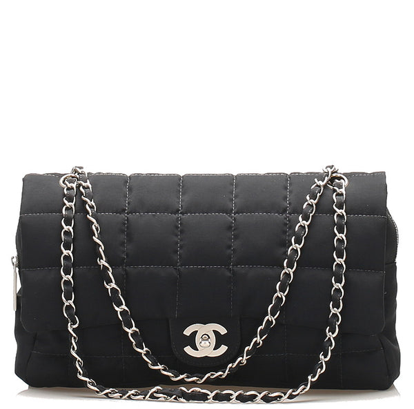 シャネル チョコバー ココマーク ブラック ナイロン チェーン ショルダーバッグ レディース CHANEL 中古