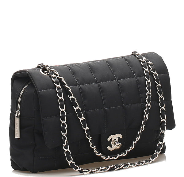 シャネル チョコバー ココマーク ブラック ナイロン チェーン ショルダーバッグ レディース CHANEL 中古