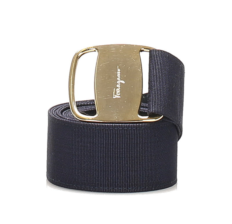 サルヴァトーレフェラガモ ヴァラ ネイビー ゴールド ナイロン レザー ベルト レディース Salvatore Ferragamo 中古