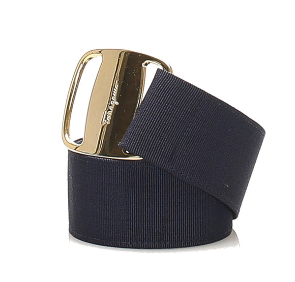 サルヴァトーレフェラガモ ヴァラ ネイビー ゴールド ナイロン レザー ベルト レディース Salvatore Ferragamo 中古