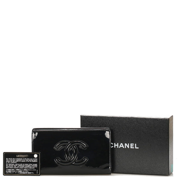 シャネル クルーズライン カメリア ブラック エナメル レザー 長財布 レディース CHANEL 中古