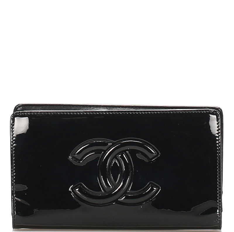シャネル クルーズライン カメリア ブラック エナメル レザー 長財布 レディース CHANEL 中古