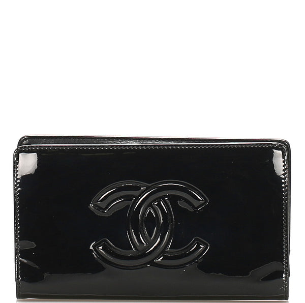 シャネル クルーズライン カメリア ブラック エナメル レザー 長財布 レディース CHANEL 中古