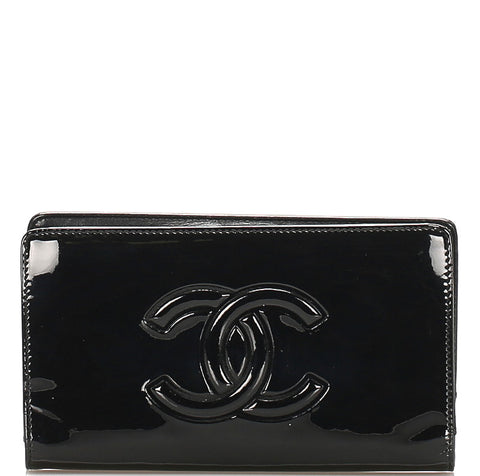 シャネル クルーズライン カメリア ブラック エナメル レザー 長財布 レディース CHANEL 中古