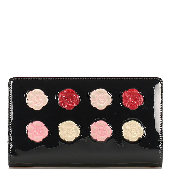 シャネル クルーズライン カメリア ブラック エナメル レザー 長財布 レディース CHANEL 中古