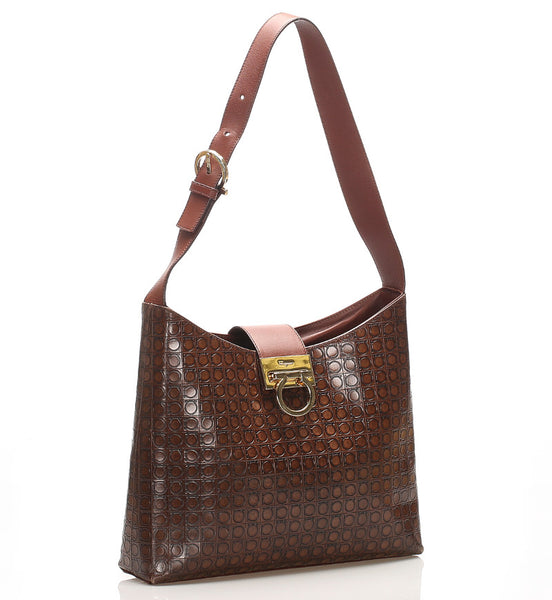 サルヴァトーレフェラガモ ガンチーニ AQ-21 8662 ブラウン レザー ショルダーバッグ レディース Salvatore Ferragamo 中古