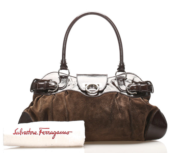 サルヴァトーレフェラガモ ガンチーニ ショルダーバッグ AU-21 5370 ブラウン スウェード パテントレザー レディース Salvatore Ferragamo 【中古】