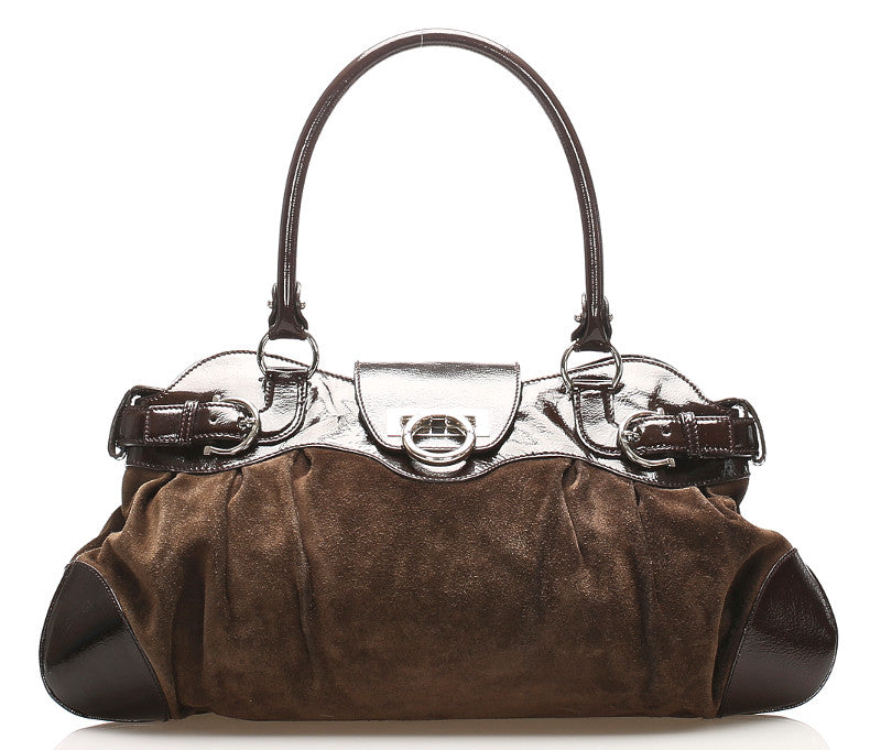 サルヴァトーレフェラガモ ガンチーニ ショルダーバッグ AU-21 5370 ブラウン スウェード パテントレザー レディース Salvatore Ferragamo 【中古】