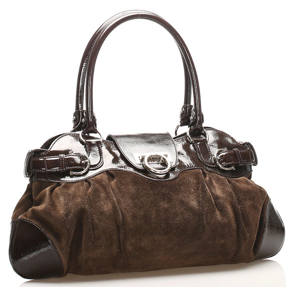 サルヴァトーレフェラガモ ガンチーニ ショルダーバッグ AU-21 5370 ブラウン スウェード パテントレザー レディース Salvatore Ferragamo 【中古】