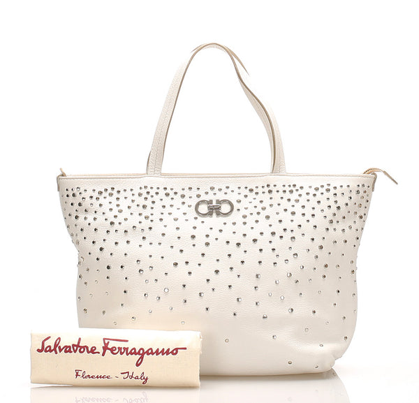 サルヴァトーレフェラガモ ガンチーニ スタッズ FJ-21 D893 ホワイト レザー ハンドバッグ レディース Salvatore Ferragamo 中古