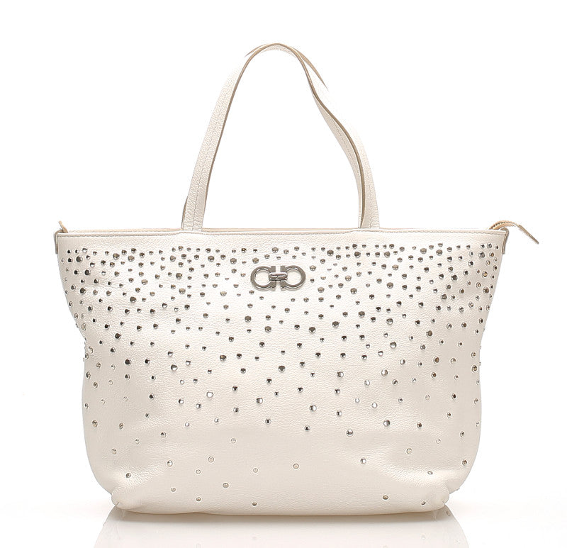 サルヴァトーレフェラガモ ガンチーニ スタッズ FJ-21 D893 ホワイト レザー ハンドバッグ レディース Salvatore Ferragamo 中古