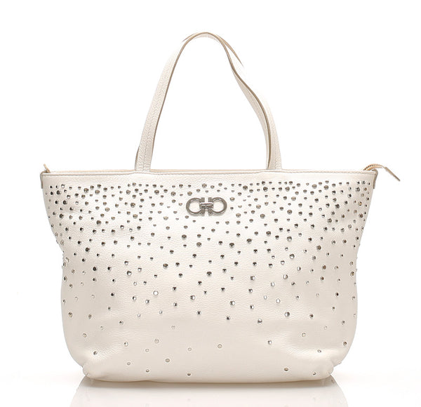 サルヴァトーレフェラガモ ガンチーニ スタッズ FJ-21 D893 ホワイト レザー ハンドバッグ レディース Salvatore Ferragamo 中古