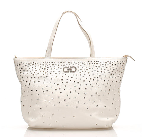 サルヴァトーレフェラガモ ガンチーニ スタッズ FJ-21 D893 ホワイト レザー ハンドバッグ レディース Salvatore Ferragamo 中古