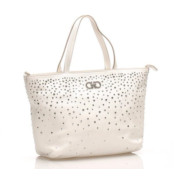 サルヴァトーレフェラガモ ガンチーニ スタッズ FJ-21 D893 ホワイト レザー ハンドバッグ レディース Salvatore Ferragamo 中古